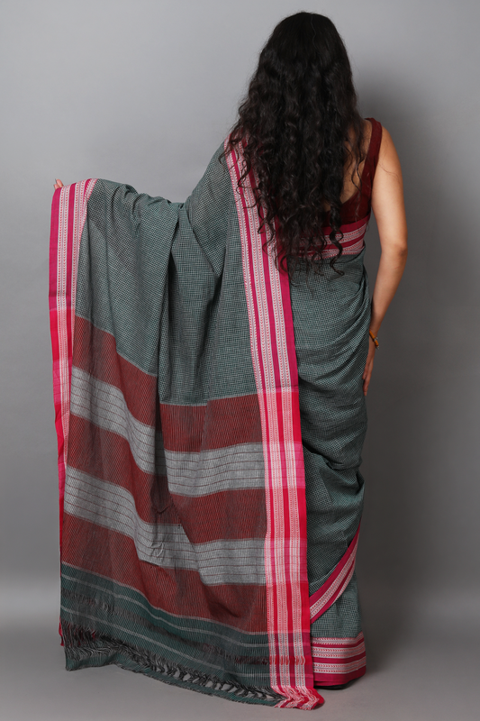 DHARA – Dark Bottle Green Checks with Pink Borders