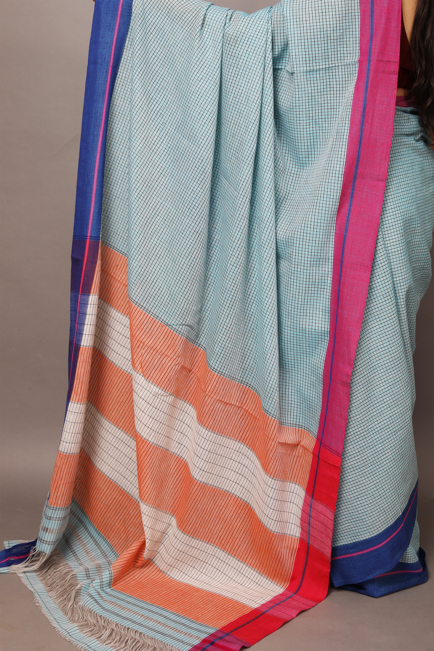 VARNA - Sky Blue Checks Ganga Jamuna Border (Pink/Blue)