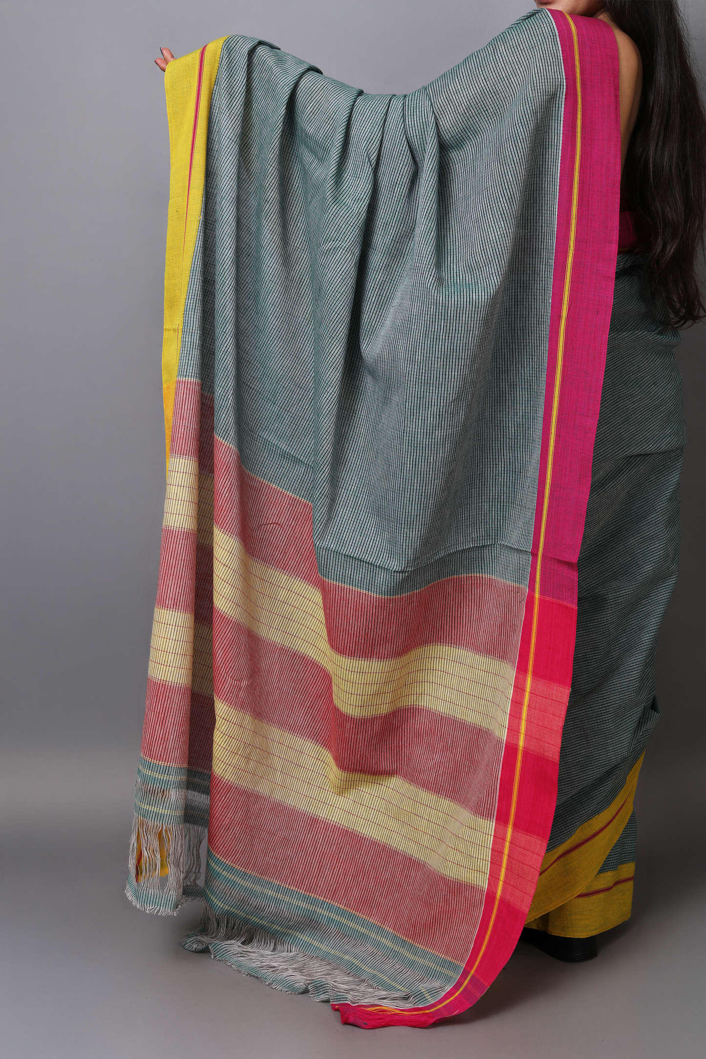 VARNA - Sage Green Checks Ganga Jamuna Border (Pink/Yellow)