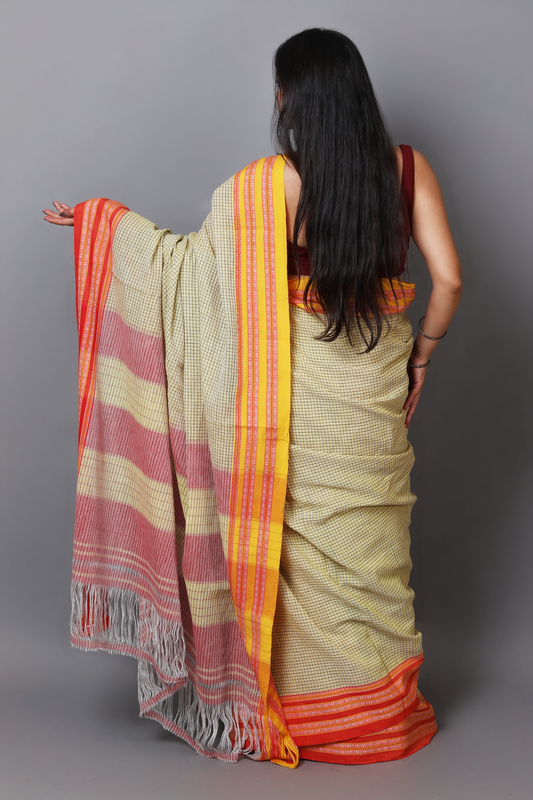 SAGARI - Off-Yellow Checks Double Border (Red/Yellow)