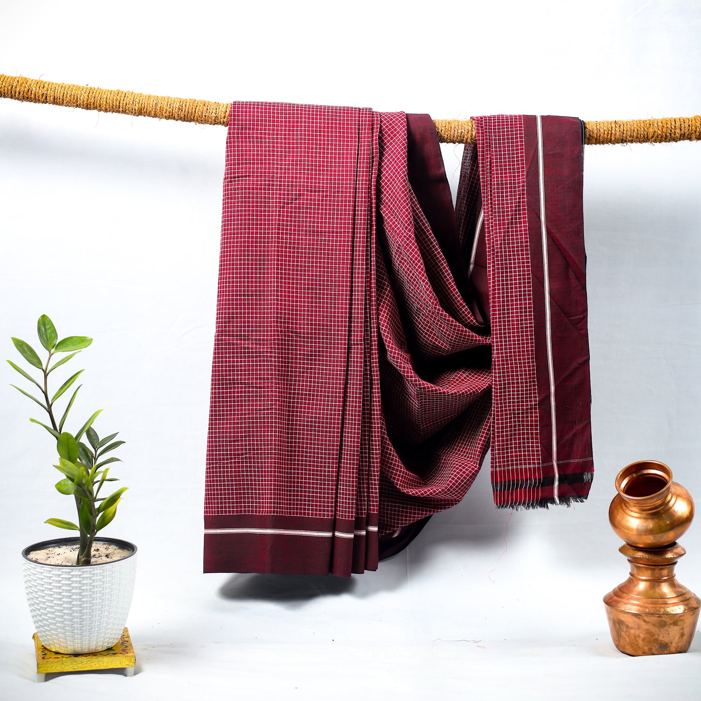 Red Checkered with maroon Border saree