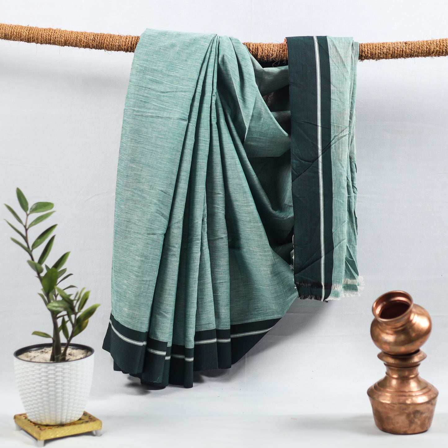 Plain Green With Dark Green Border Saree