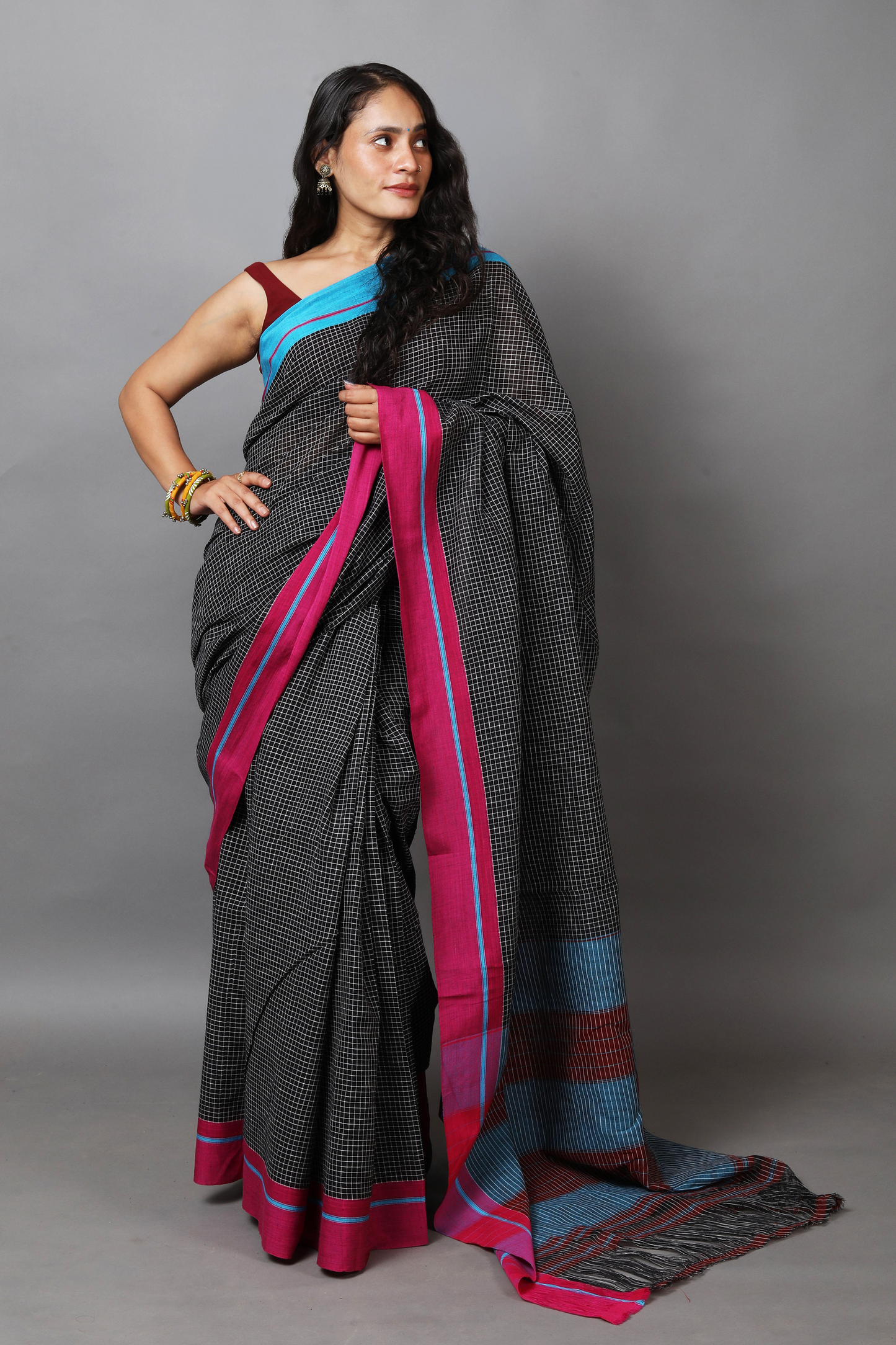 VARNA - Pitch Black Checks Double Border (Pink/Blue)