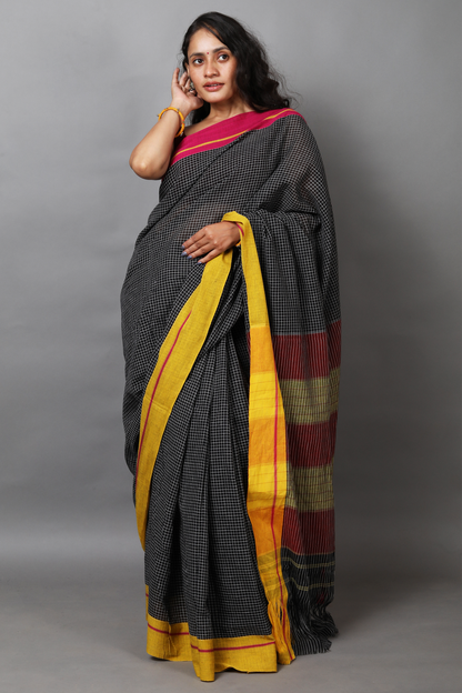 VARNA - Black Checks Ganga Jamuna Border (Pink/Yellow)