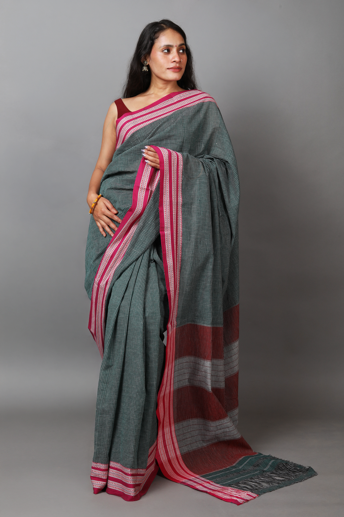 DHARA – Dark Bottle Green Checks with Pink Borders