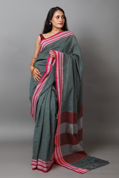 DHARA – Dark Bottle Green Checks with Pink Borders