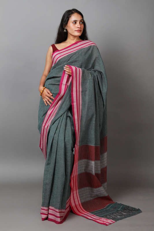 DHARA – Dark Bottle Green Checks with Pink Borders