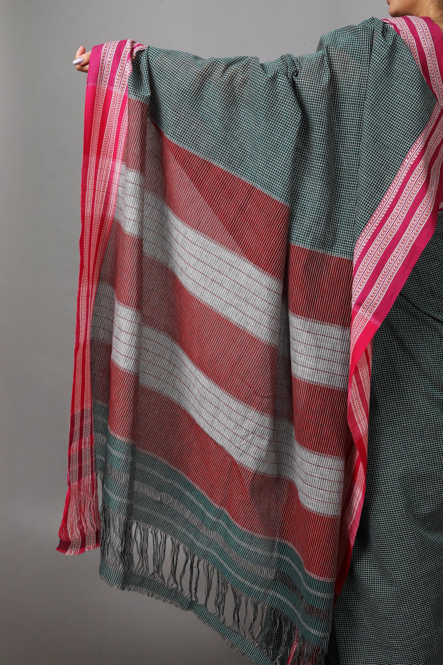 DHARA – Dark Bottle Green Checks with Pink Borders