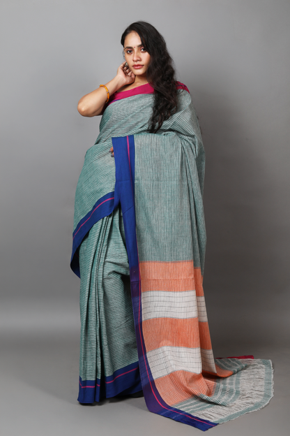 MOUNA – Sage Green Checks Double Border (Blue/Pink)