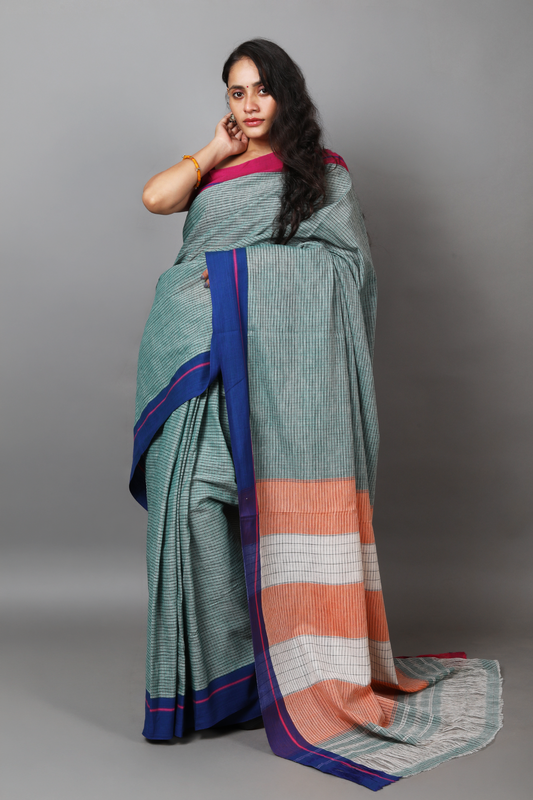 MOUNA – Sage Green Checks Double Border (Blue/Pink)