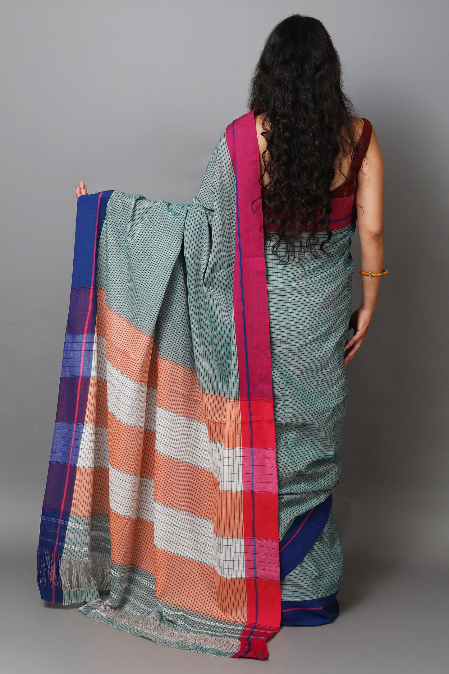 MOUNA – Sage Green Checks Double Border (Blue/Pink)