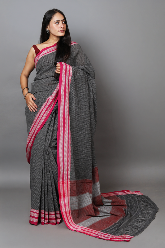DHARA –  Jet Black Checks with Pink Border