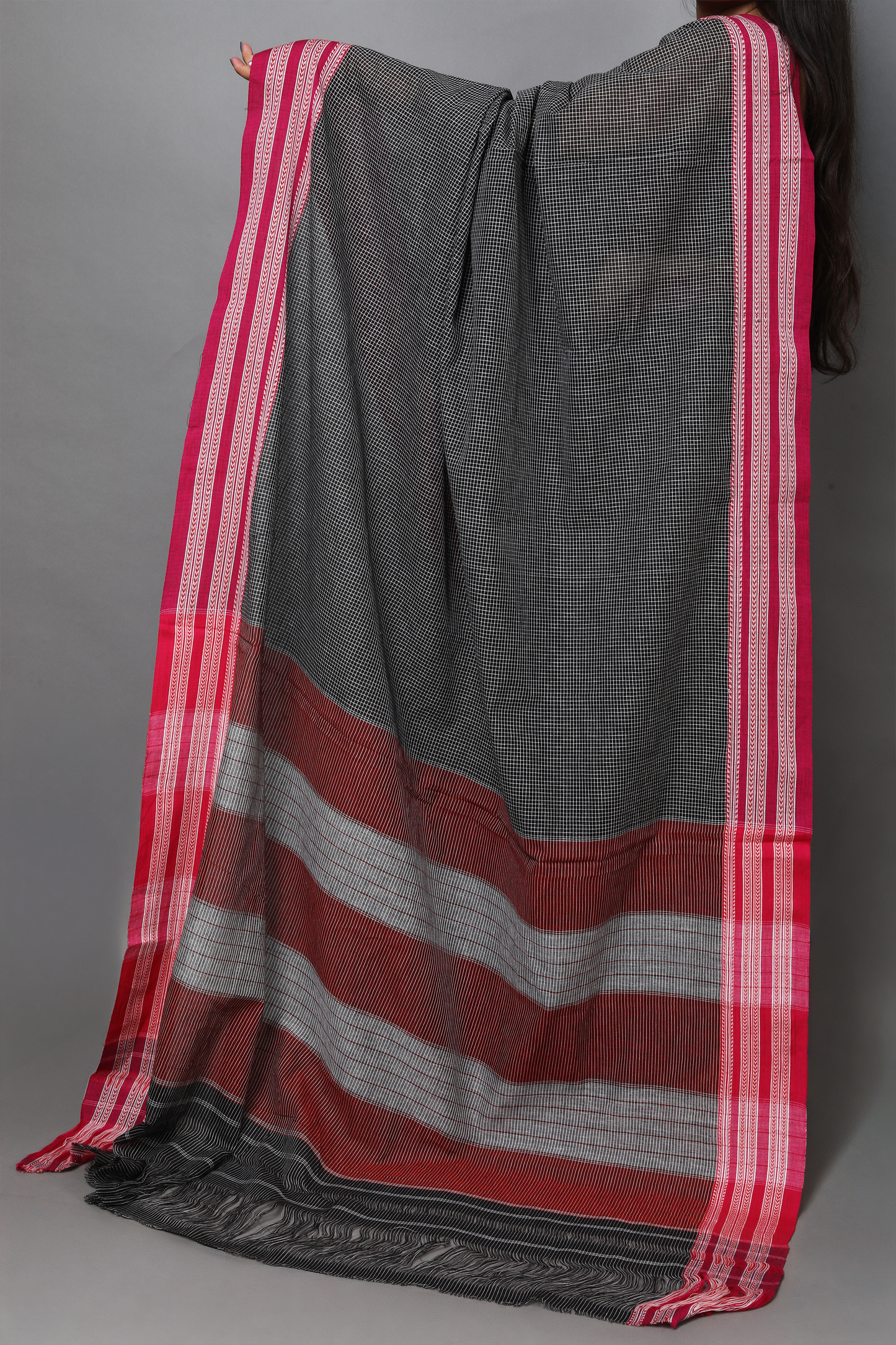DHARA –  Jet Black Checks with Pink Border