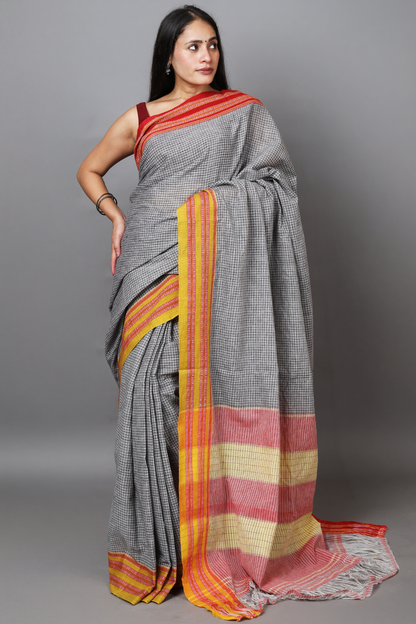 SAGARI – Grey Checks Double Border (Red/Yellow)