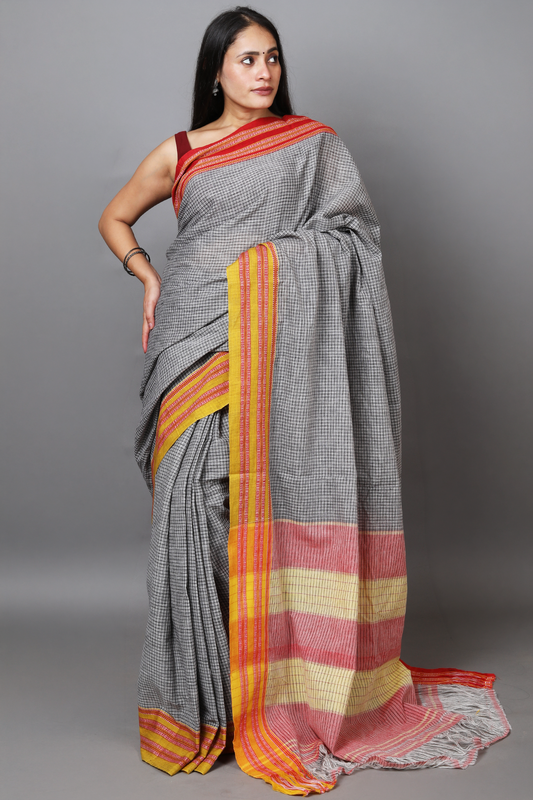 SAGARI – Grey Checks Double Border (Red/Yellow)