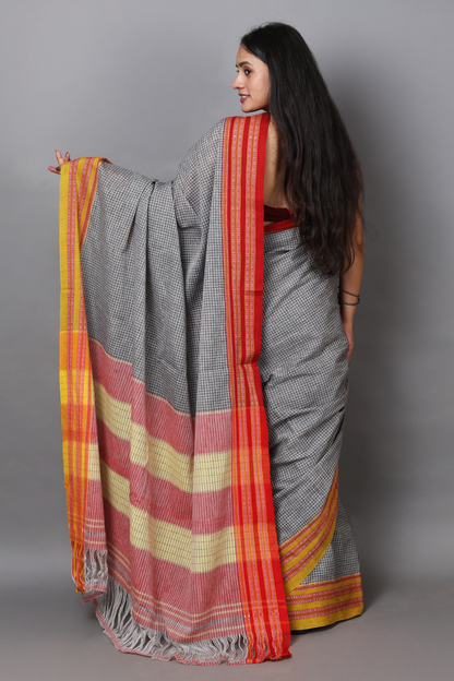 SAGARI – Grey Checks Double Border (Red/Yellow)