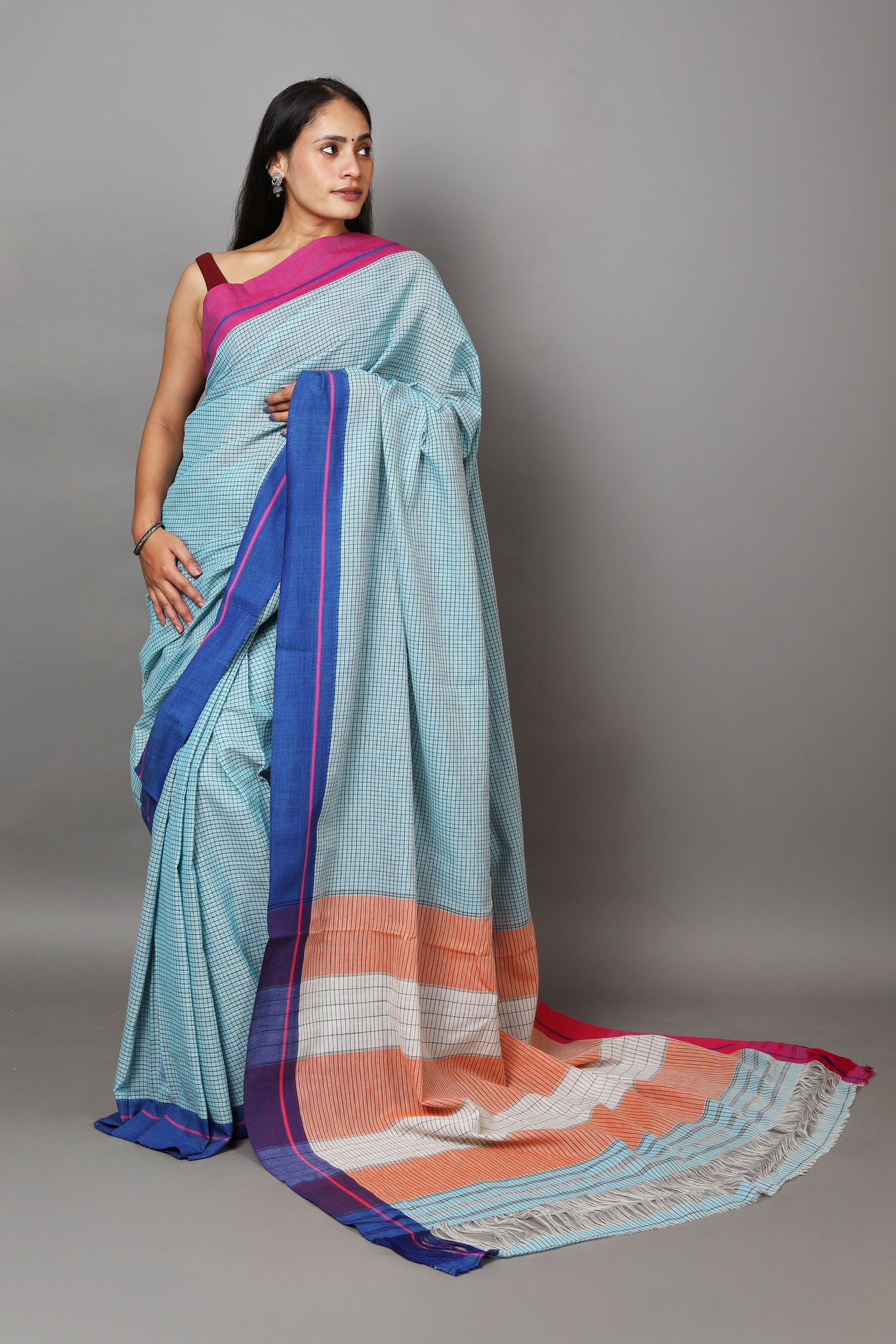 VARNA - Sky Blue Checks Ganga Jamuna Border (Pink/Blue)