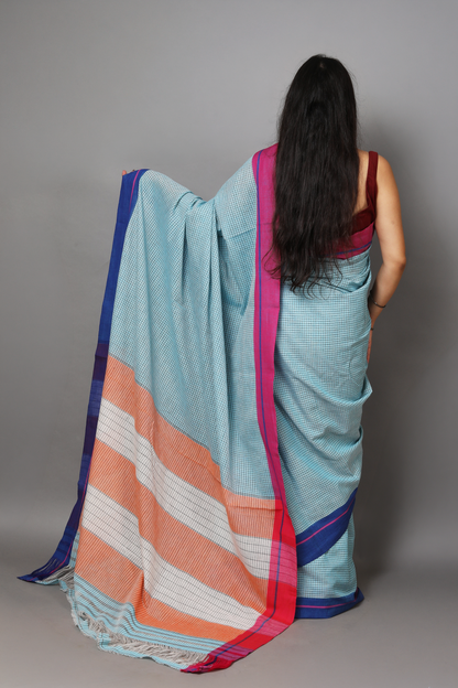 VARNA - Sky Blue Checks Ganga Jamuna Border (Pink/Blue)