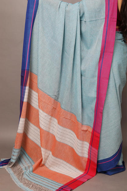 VARNA - Sky Blue Checks Ganga Jamuna Border (Pink/Blue)