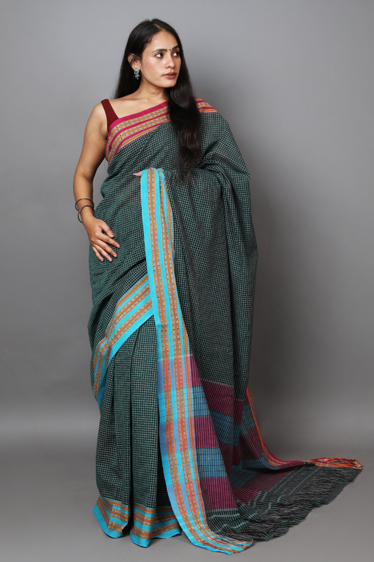 SAGARI - Bottle Green Checks Double Border (Blue/Pink)