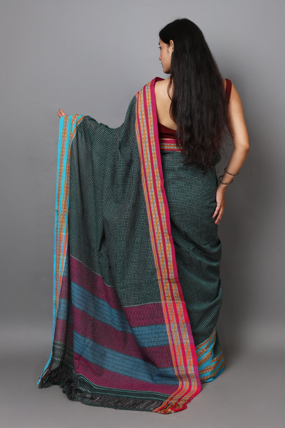SAGARI - Bottle Green Checks Double Border (Blue/Pink)