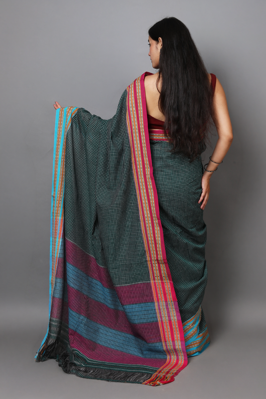 SAGARI - Bottle Green Checks Double Border (Blue/Pink)