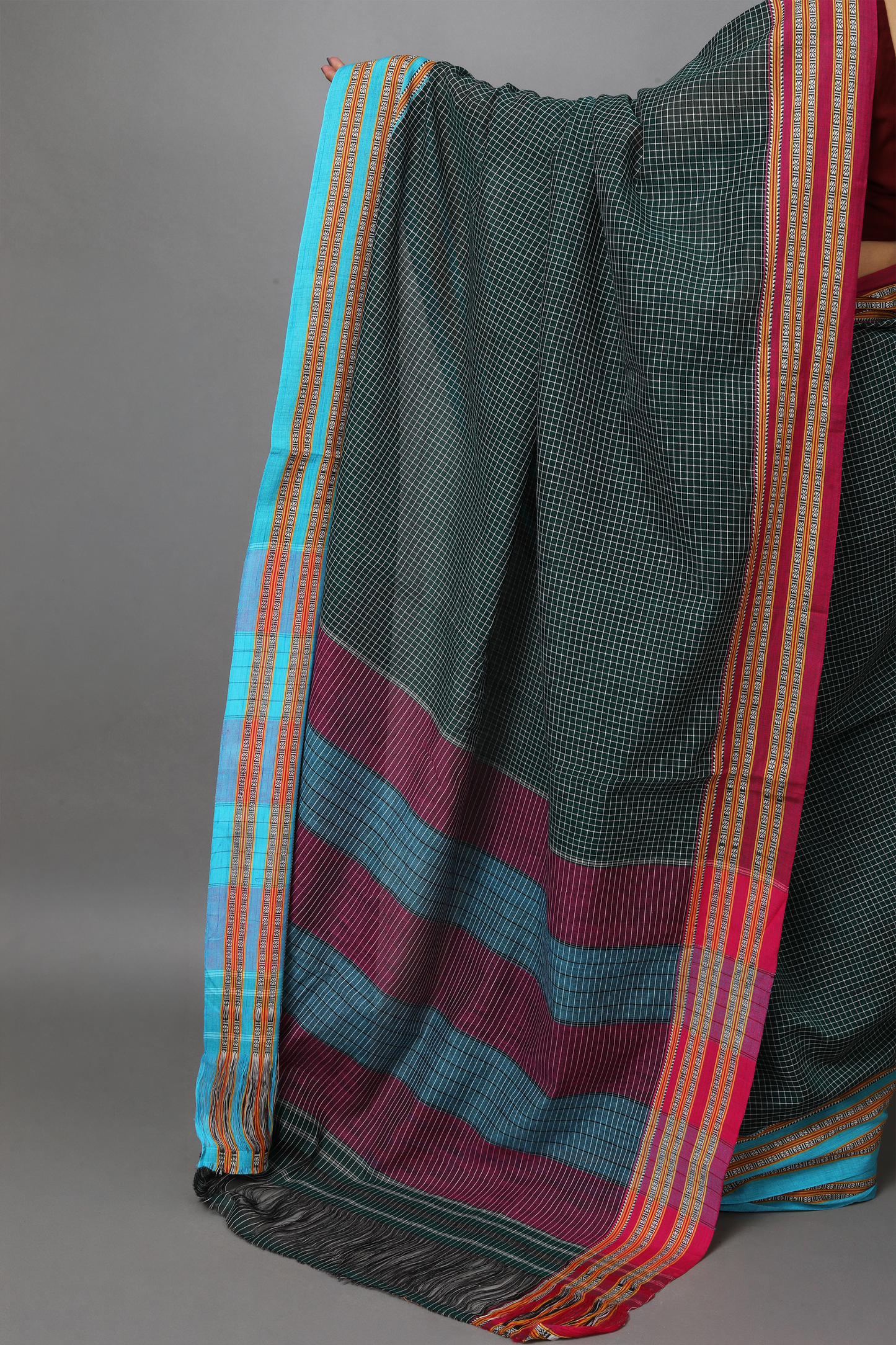 SAGARI - Bottle Green Checks Double Border (Blue/Pink)