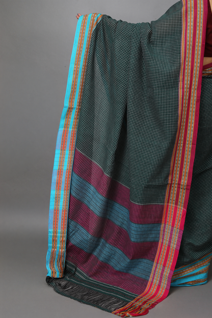SAGARI - Bottle Green Checks Double Border (Blue/Pink)