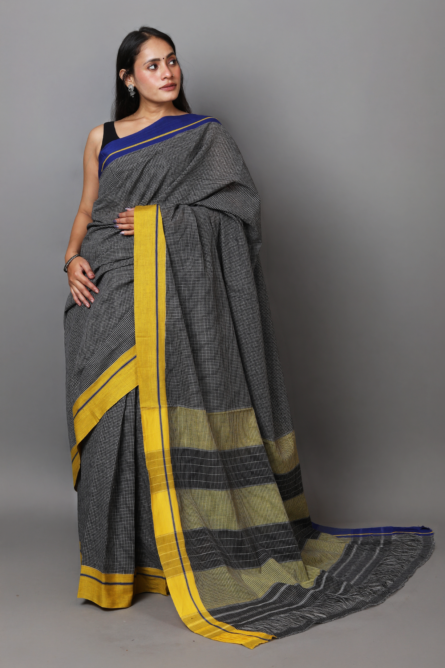 VARNA - Jet Black Checks Ganga Jamuna Border (Blue/Yellow)