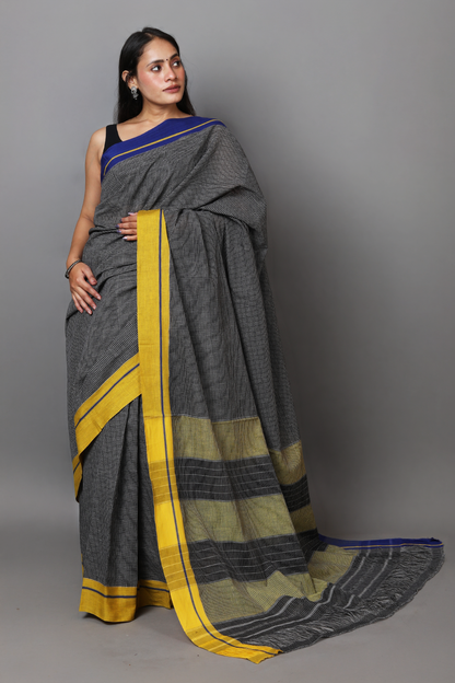 VARNA - Jet Black Checks Ganga Jamuna Border (Blue/Yellow)
