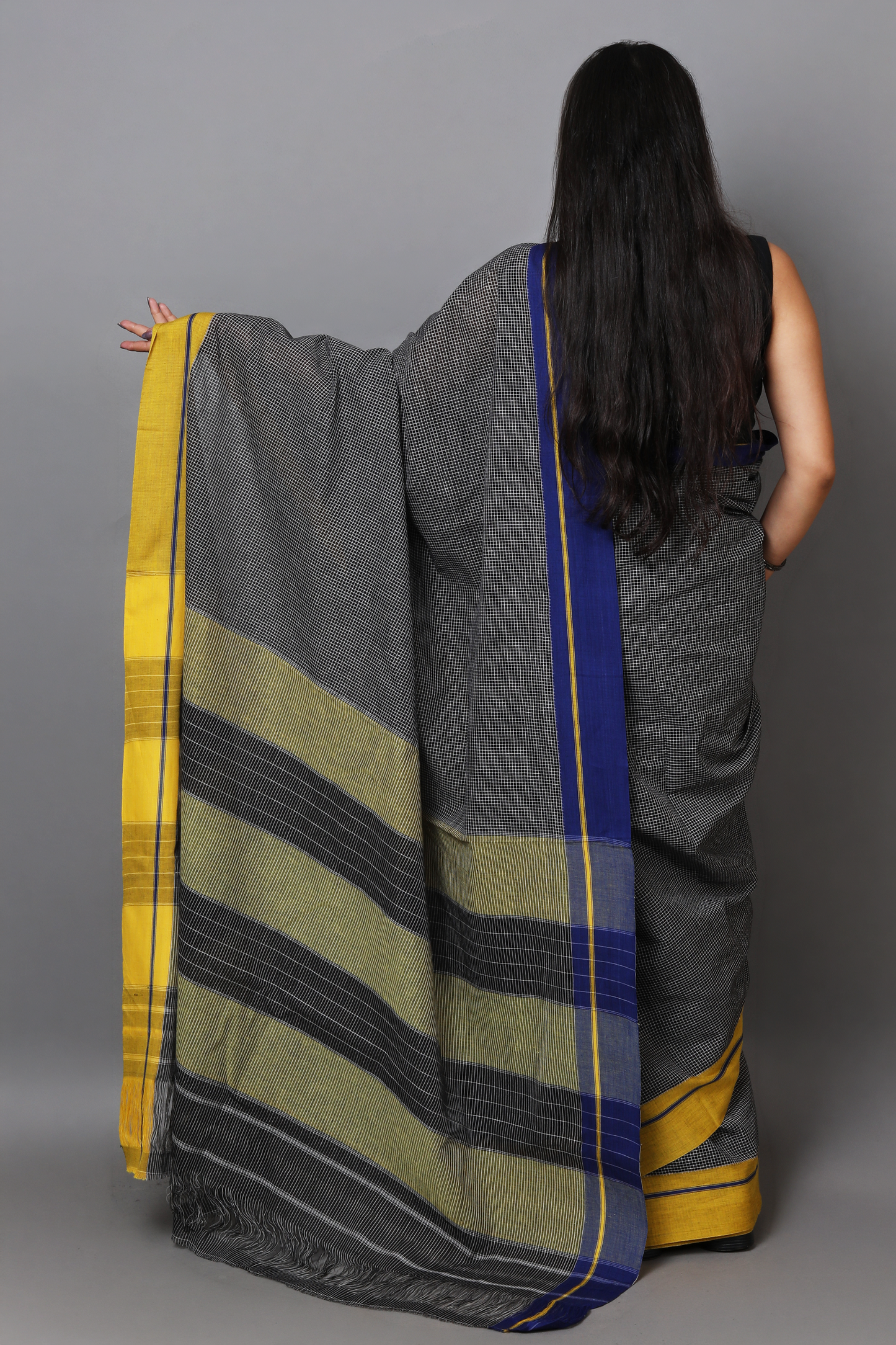 VARNA - Jet Black Checks Ganga Jamuna Border (Blue/Yellow)
