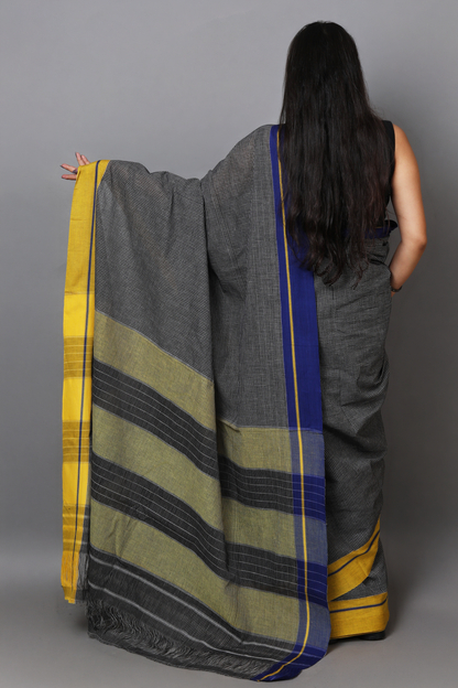 VARNA - Jet Black Checks Ganga Jamuna Border (Blue/Yellow)