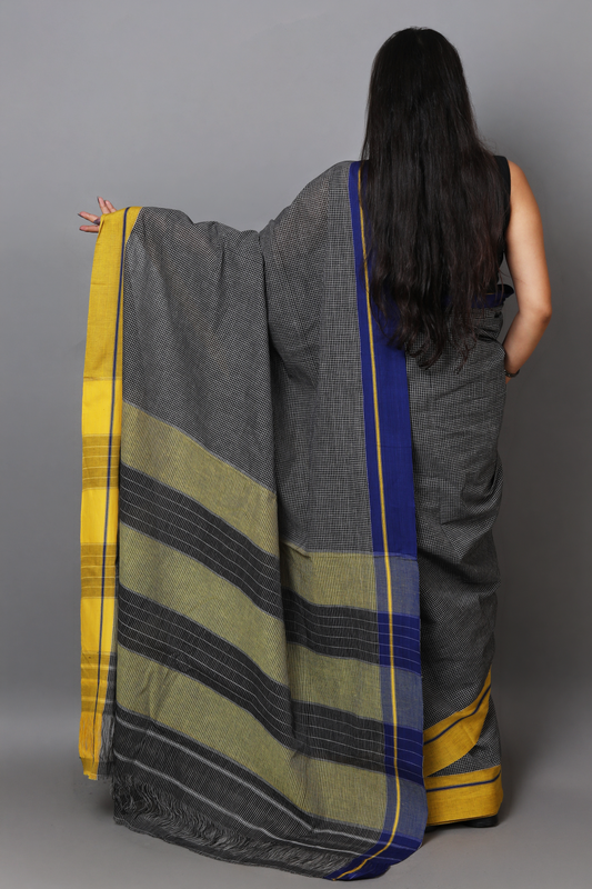 VARNA - Jet Black Checks Ganga Jamuna Border (Blue/Yellow)