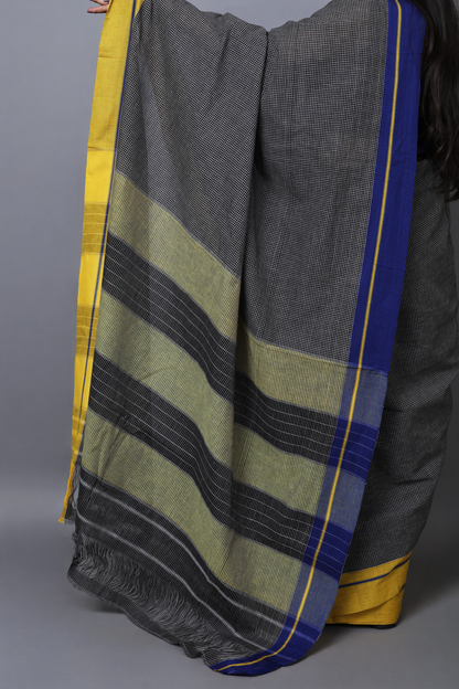 VARNA - Jet Black Checks Ganga Jamuna Border (Blue/Yellow)