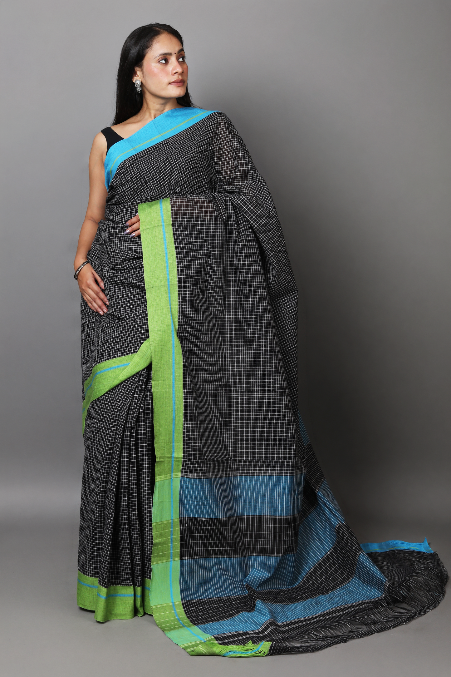 VARNA – Black Checks Ganga Jamuna Border (Blue/Green)