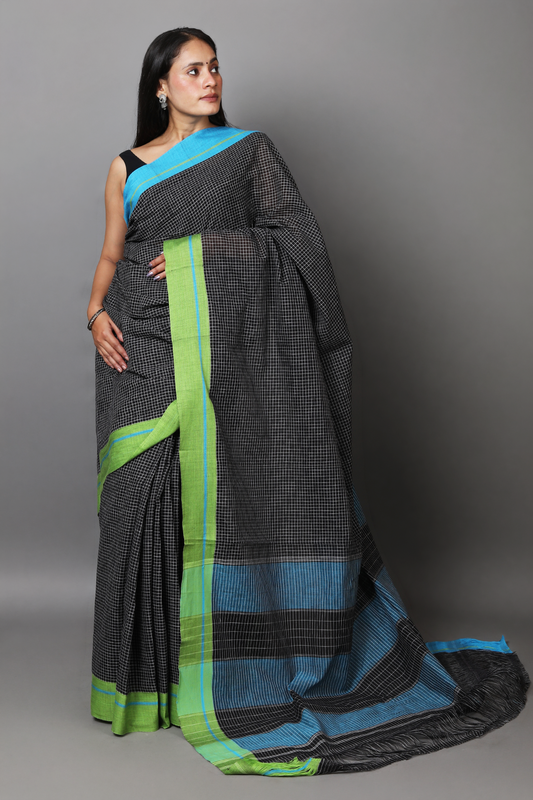 VARNA – Black Checks Ganga Jamuna Border (Blue/Green)