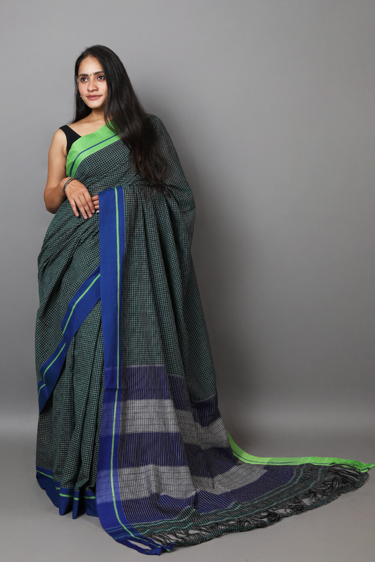 VARNA – Dark Bottle Green Checks Double Border (Blue/Green)