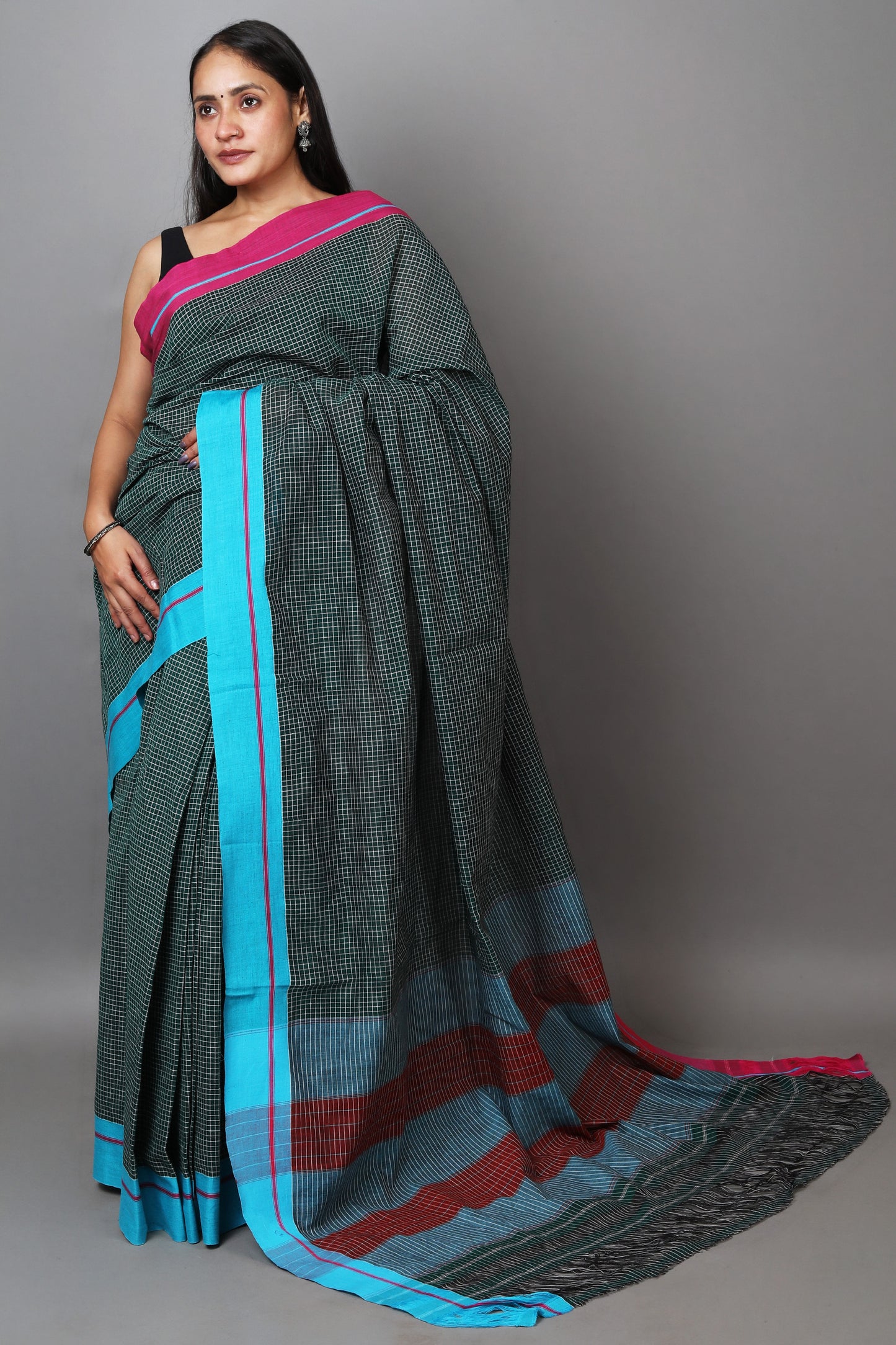VARNA – Bottle Green Checks Ganga Jamuna Border (Pink/Blue)
