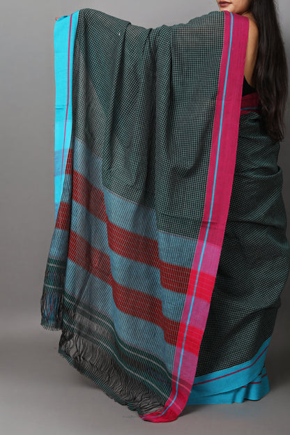 VARNA – Bottle Green Checks Ganga Jamuna Border (Pink/Blue)