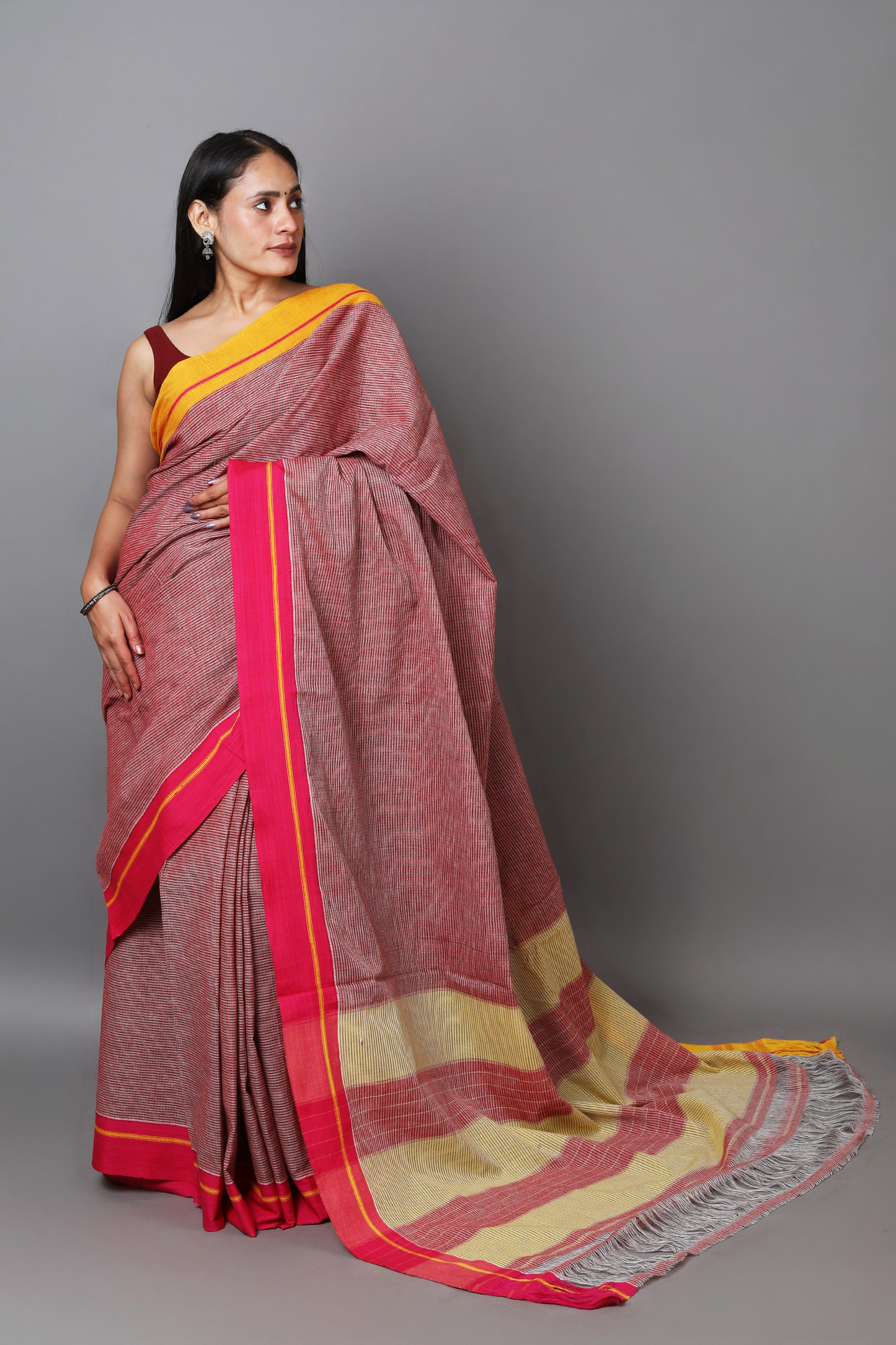 VARNA – Crimson Red Checks Ganga Jamuna Border (Pink/Yellow)