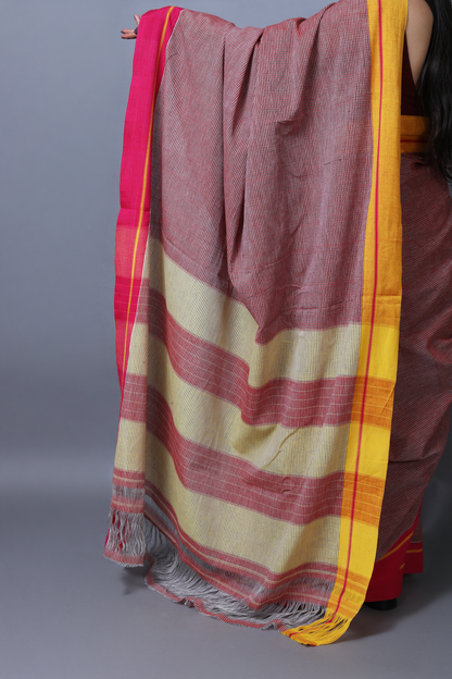 VARNA – Crimson Red Checks Ganga Jamuna Border (Pink/Yellow)