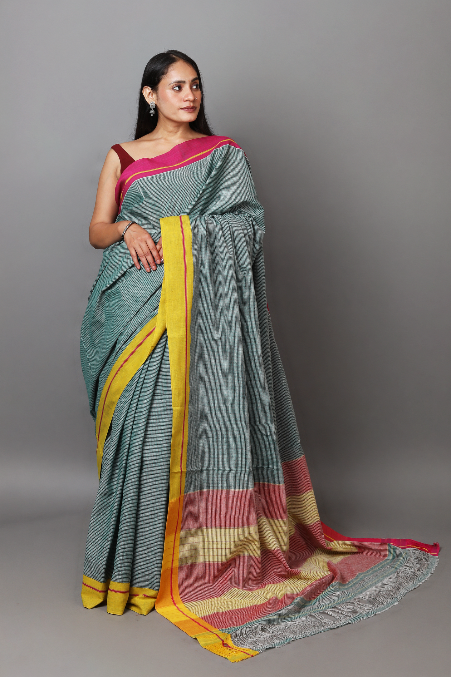 VARNA - Sage Green Checks Ganga Jamuna Border (Pink/Yellow)