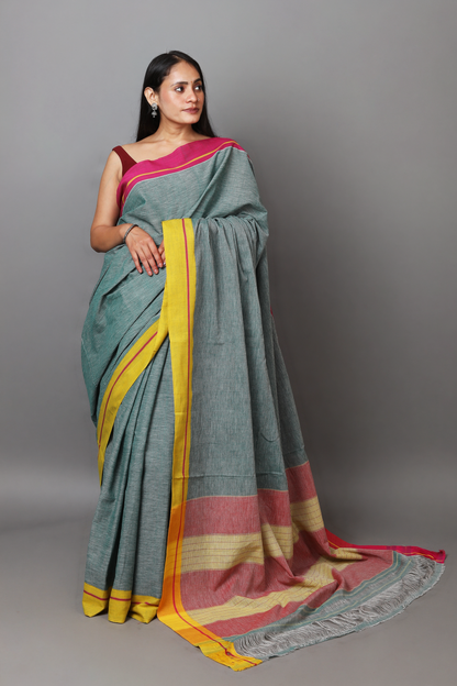VARNA - Sage Green Checks Ganga Jamuna Border (Pink/Yellow)