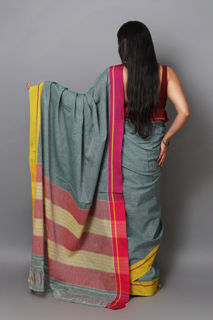 VARNA - Sage Green Checks Ganga Jamuna Border (Pink/Yellow)