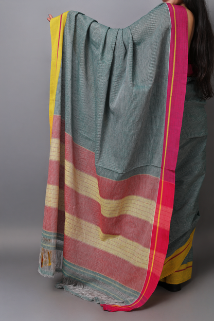 VARNA - Sage Green Checks Ganga Jamuna Border (Pink/Yellow)
