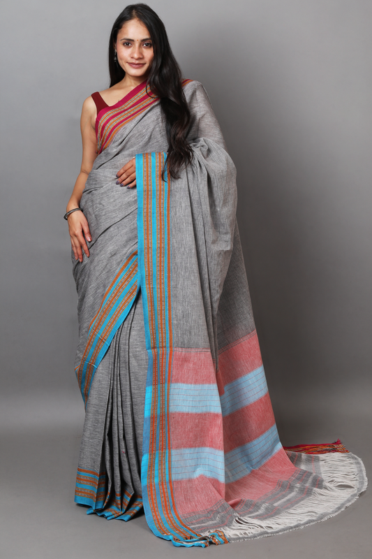 SAGARI - Grey Plain Double Border (Sky Blue/Pink)