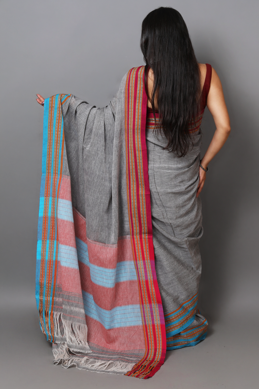 SAGARI - Grey Plain Double Border (Sky Blue/Pink)