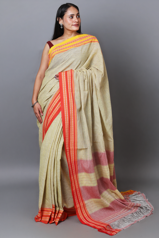 SAGARI - Off-Yellow Checks Double Border (Red/Yellow)