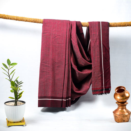Red Checkered with maroon Border saree