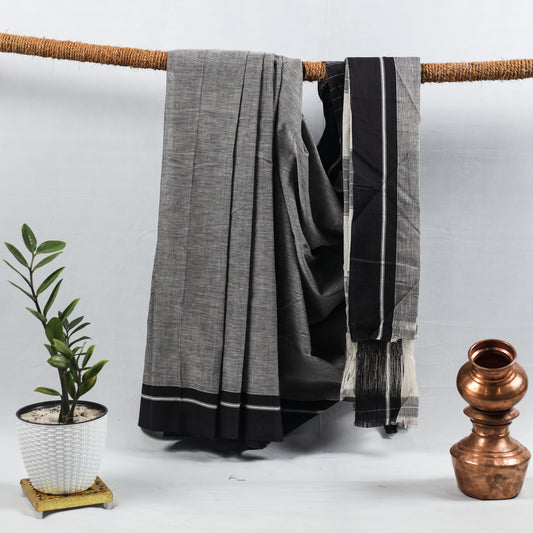 Grey With Black Border Saree
